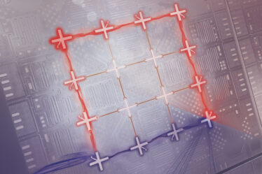 A unique computer chip has red and blue light on grid-like pathways.
